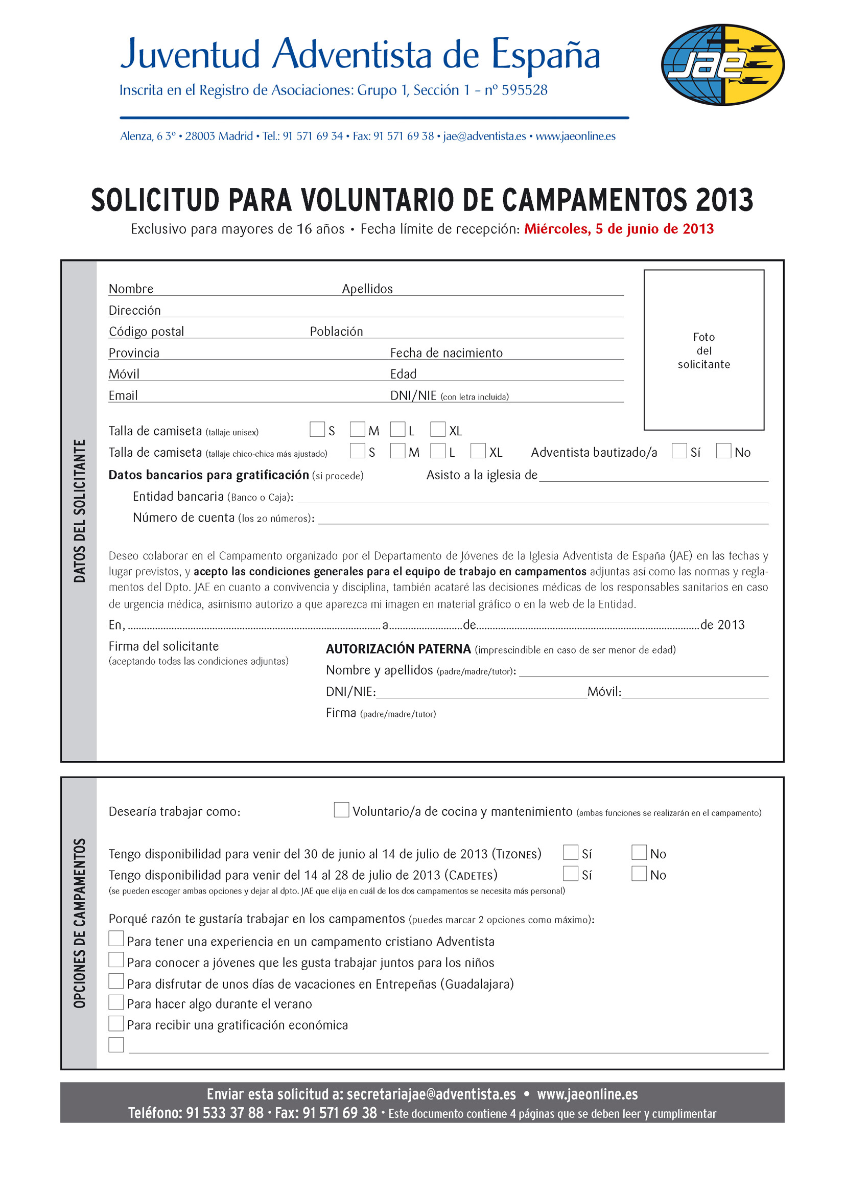 Solicitud de Voluntario para campamentos JAE 2013