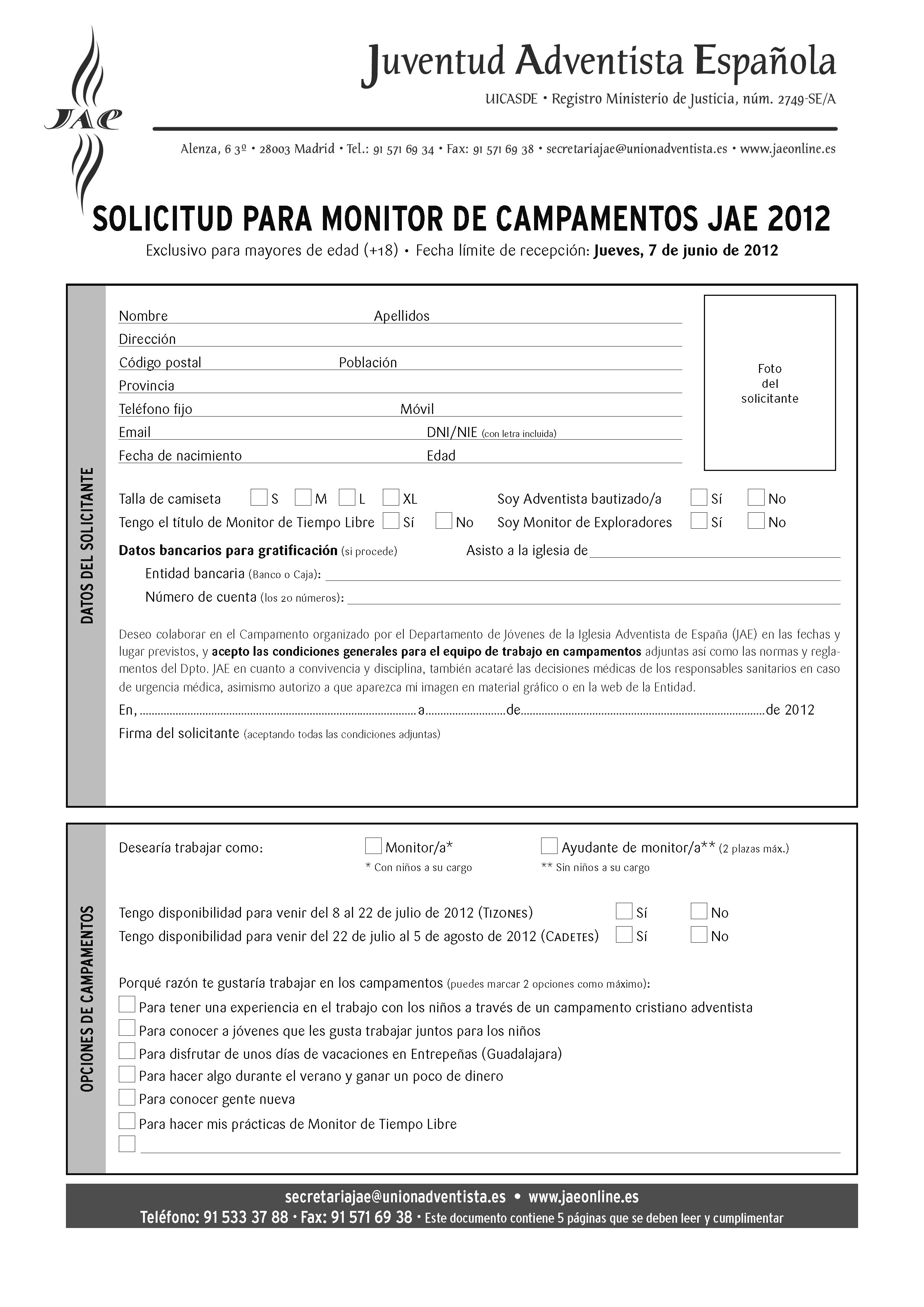 Solicitud para Monitor de Campamentos JAE 2012