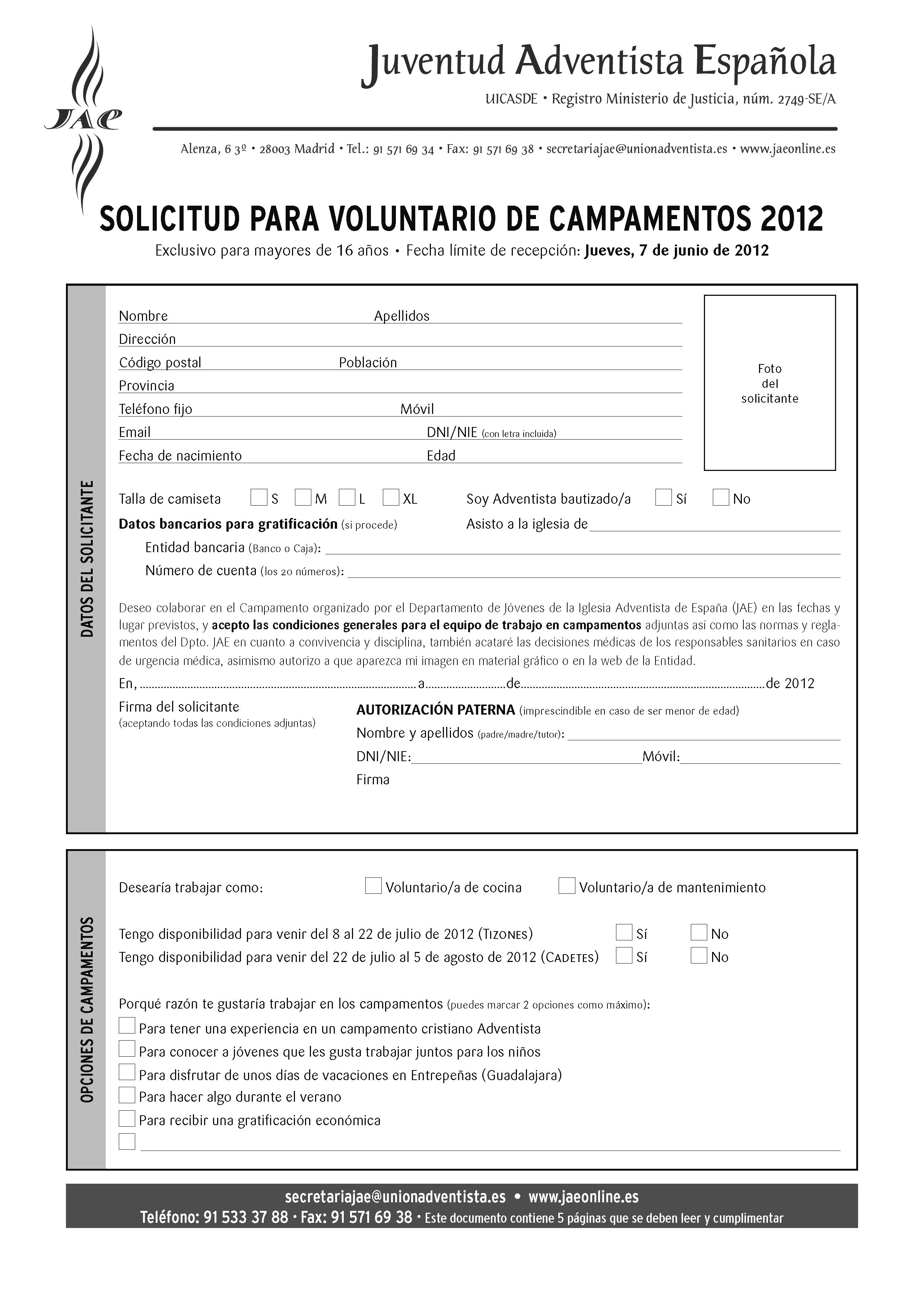 Solicitud para Voluntario de Campamentos JAE 2012